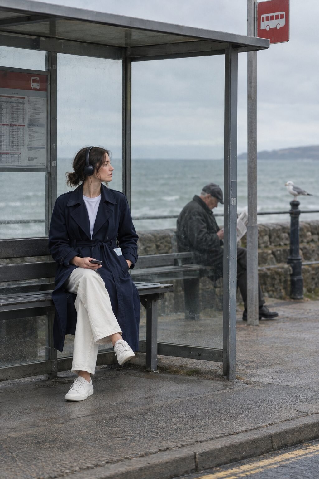 A woman in a trench coat sitting on a bench at a quiet bus stop listening to headphones