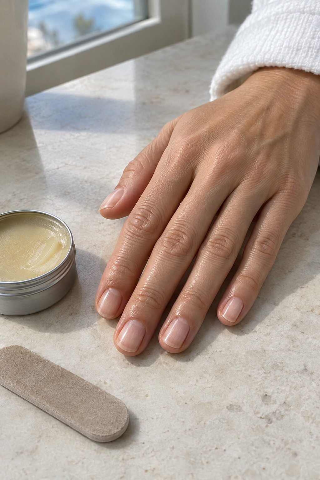close-up of a hand with bare nails beside a small open tin of nourishing nail paste and a suede buffer