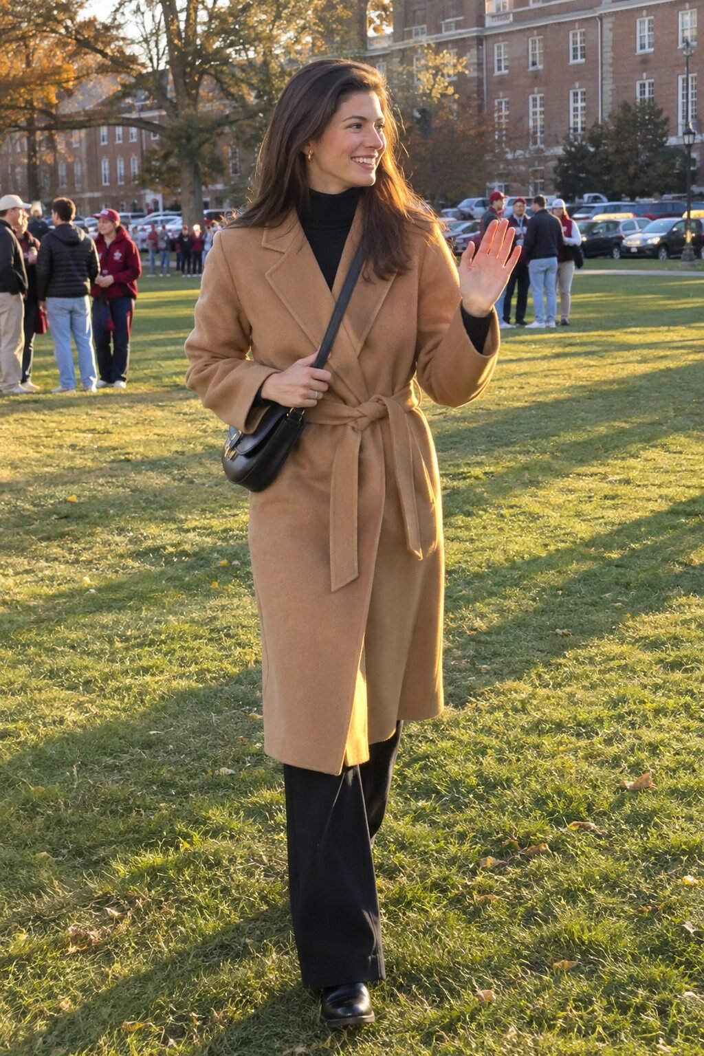 old money tailgate outfit: camel wool-cashmere wrap coat, black cashmere turtleneck, and black tailored trousers