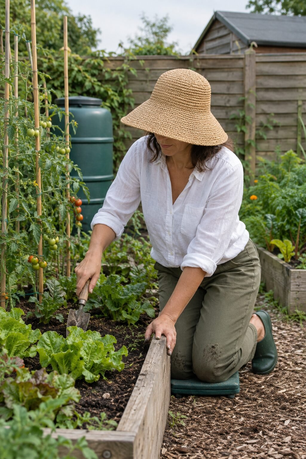 a woman in a white linen shirt with rolled sleeves and a wide-brim raffia hat kneeling to weed a vegetable bed in a small back garden