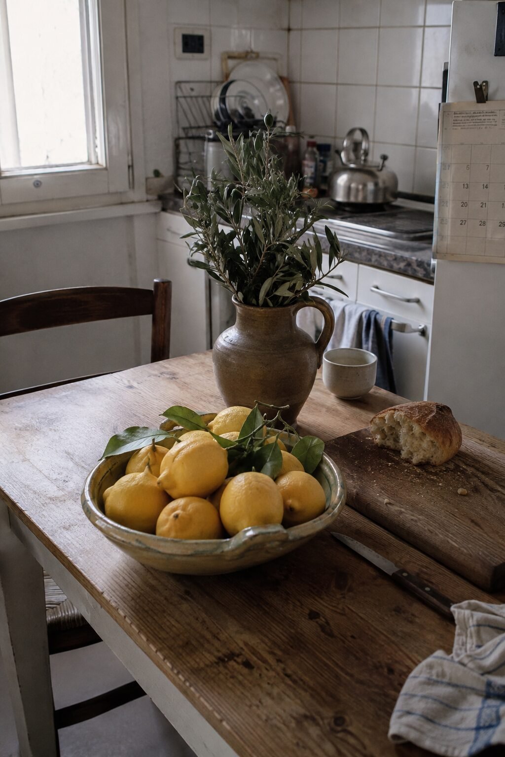 european home decor ideas kitchen table with a ceramic bowl of fresh lemons, a stoneware jug of olive branches and a torn loaf of bread