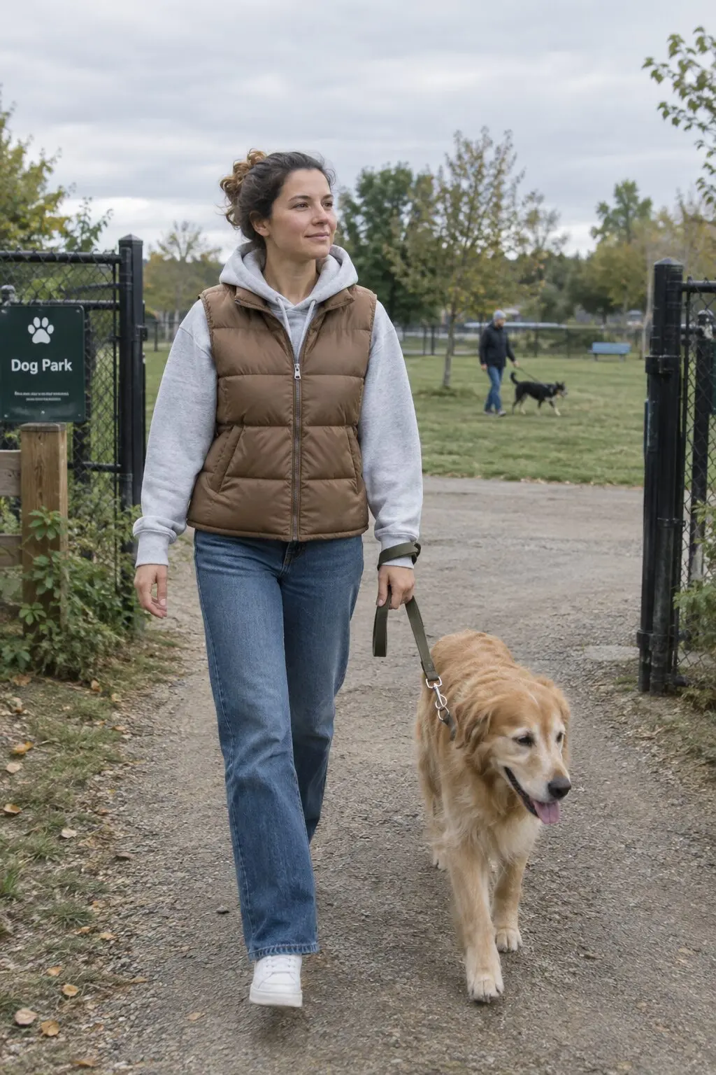 how to style a quilted vest with a hoodie: hazel brown quilted vest over a light gray hoodie and white sneakers