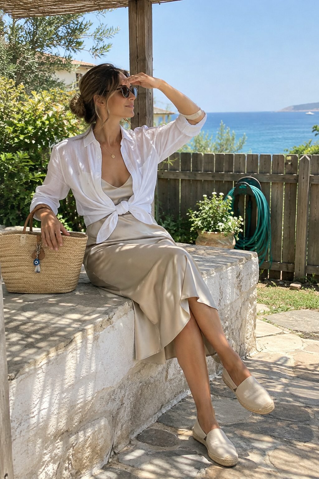 how to style a white button-down: white shirt knotted at the waist over a champagne silk slip dress with a straw tote