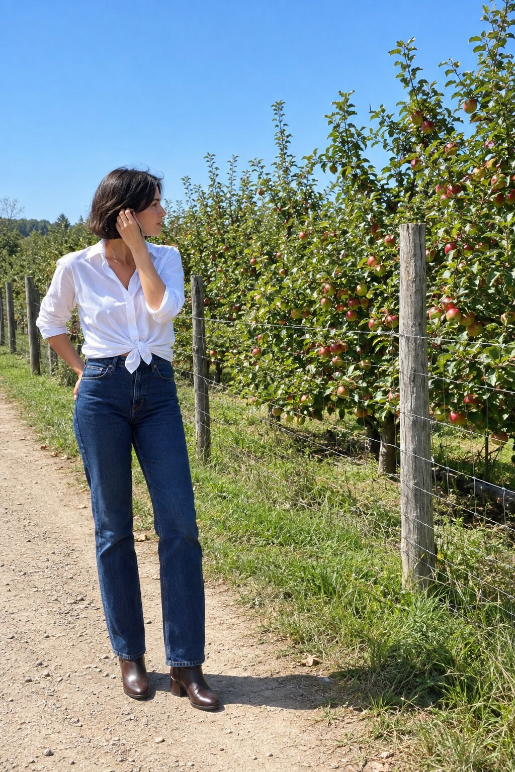 simple apple picking outfit: white poplin shirt and dark straight-leg jeans