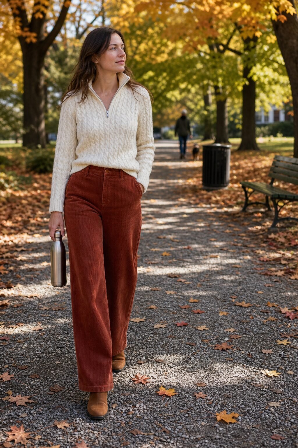 how to style corduroy pants with an ivory cable-knit quarter-zip sweater, brick red corduroy pants and tobacco suede Chelsea boots