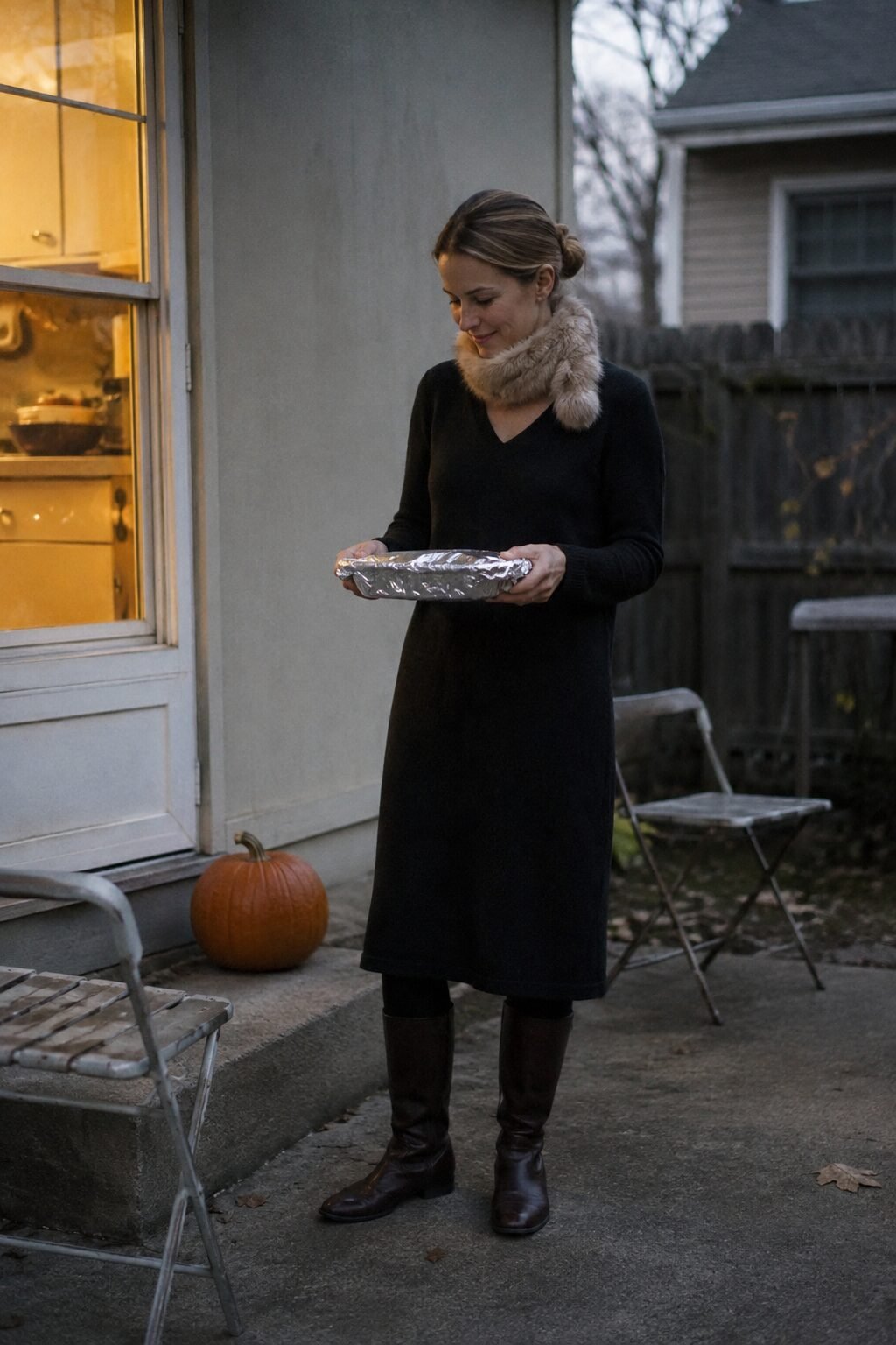 woman in a black cotton-merino sweater dress, dark brown knee-high boots and a latte faux fur scarf, fire pit Halloween party outfit