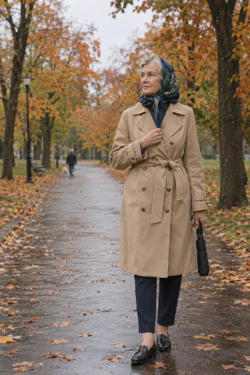 how to style a silk scarf as a headscarf with a tan belted trench coat and black penny loafers