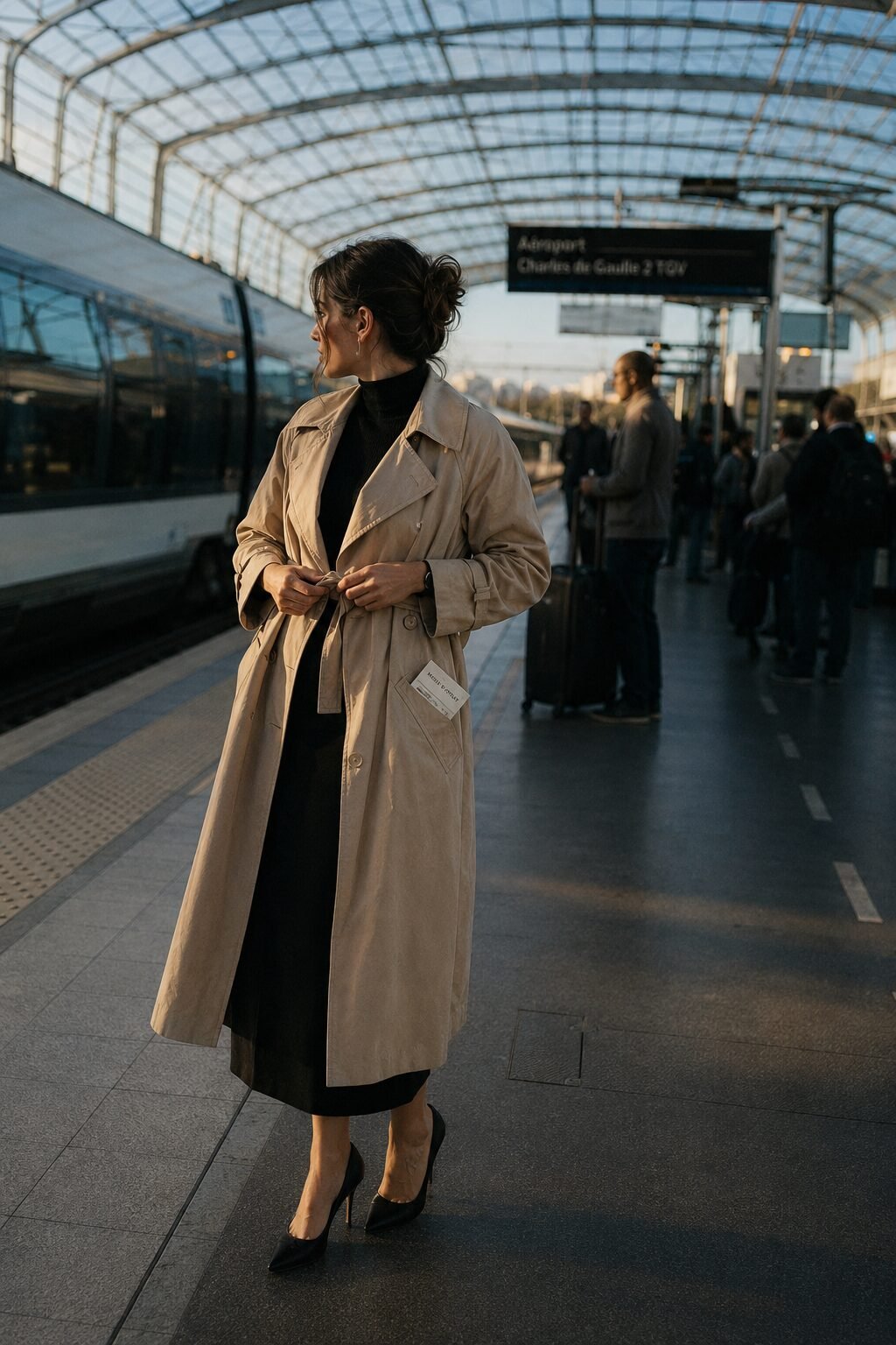 chic travel outfit: stone trench coat, black turtleneck, and midi skirt for a city layover