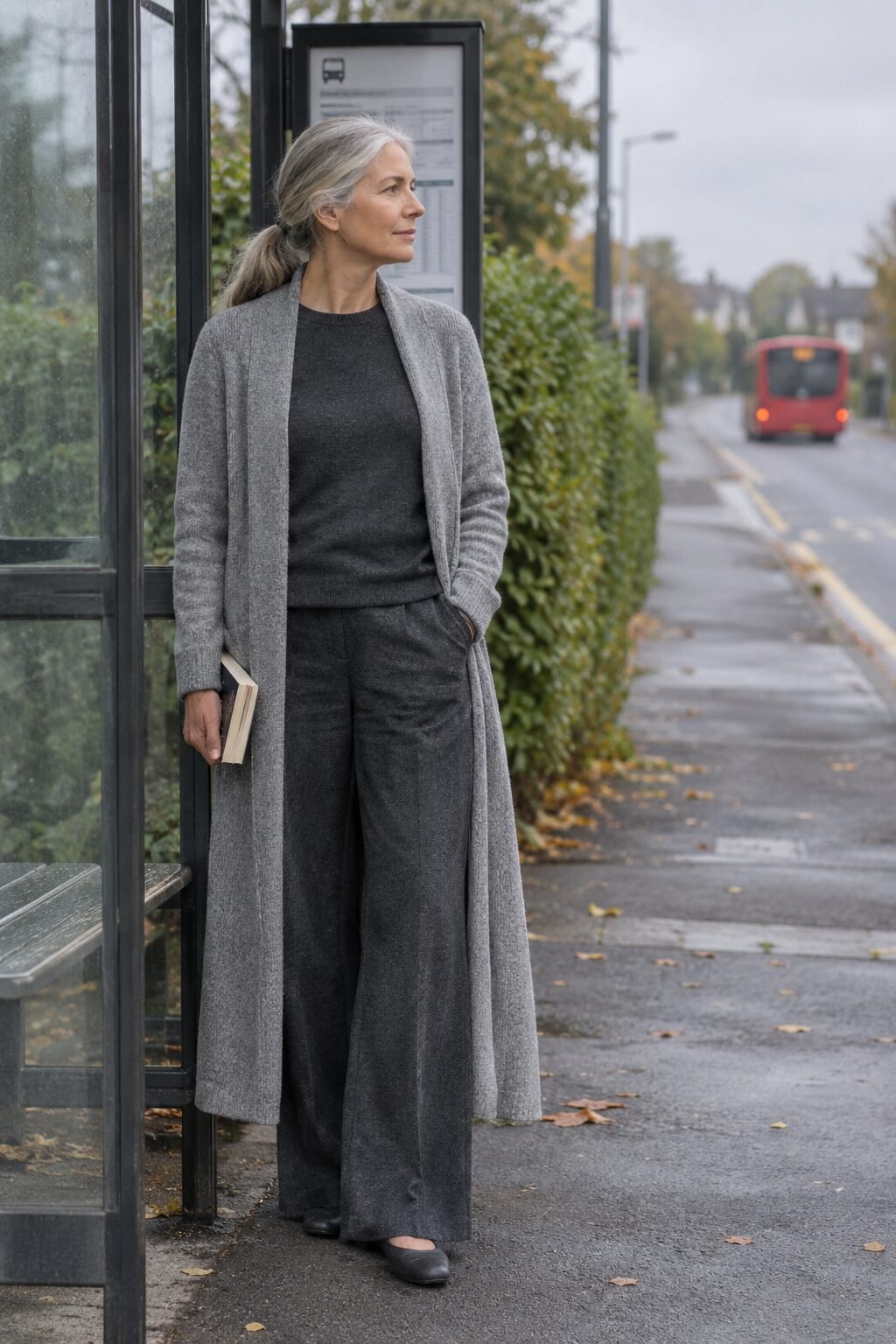 coastal grandmother fall outfit: heather grey cashmere duster cardigan, dark grey merino sweater and ponte wide-leg trousers