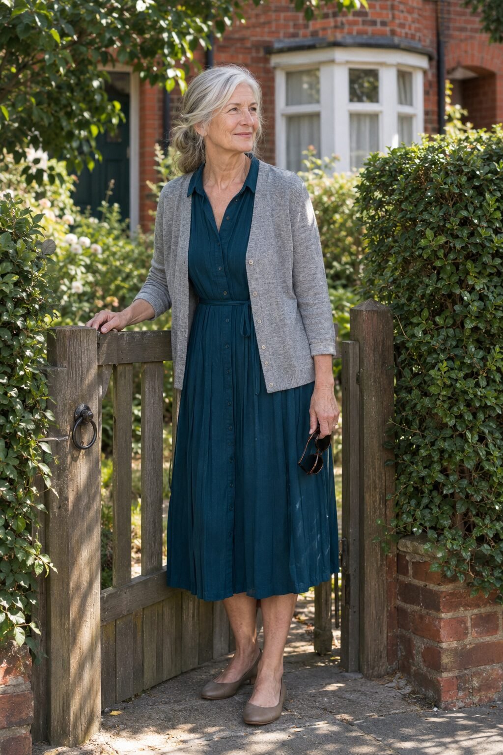 teal pleated shirt dress with a grey heather fine-gauge cotton cardigan, a warm-weather church outfit for women in their 70s