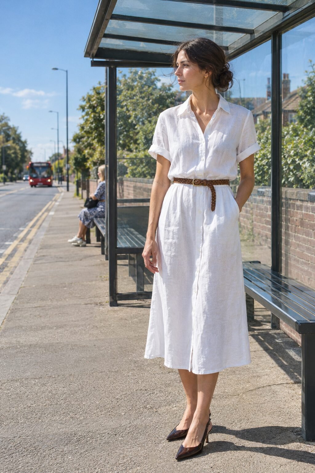 old money white outfit: white linen button-front midi shirt dress with a cognac braided leather belt and dark brown slingback heels