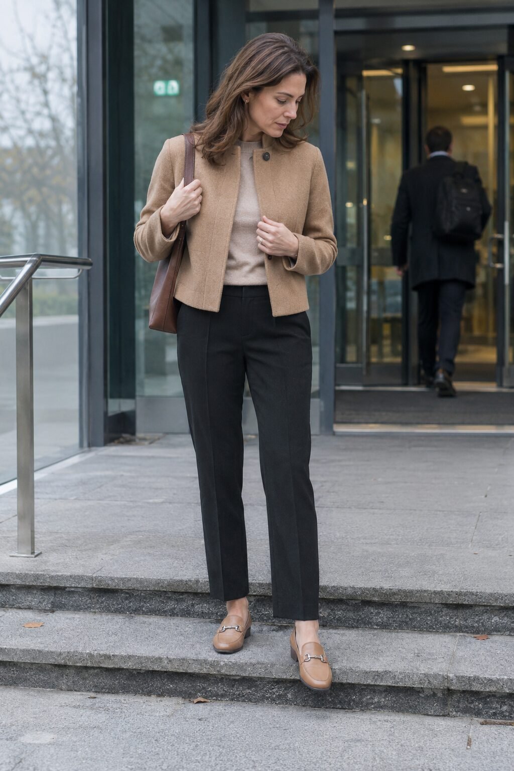 how to style elastic-waist trousers under a cropped camel wool blazer with a heather camel cashmere sweater and tan bit loafers