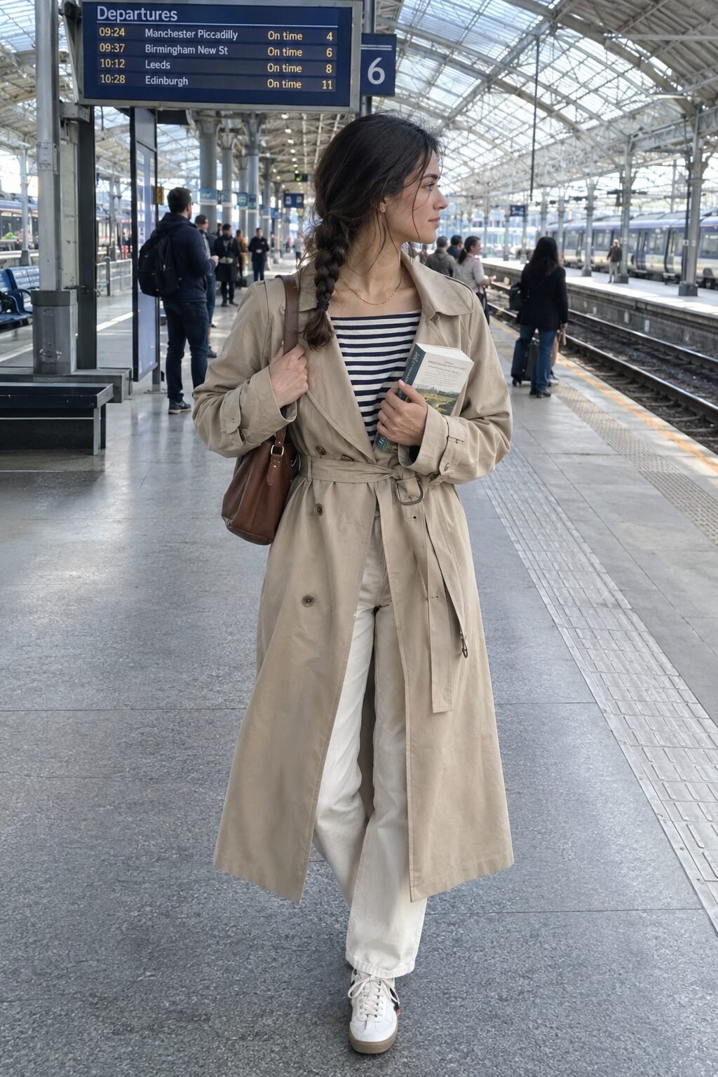 old money travel outfit: ecru straight-leg jeans, a crewneck tee and a belted trench coat with a simple gold chain