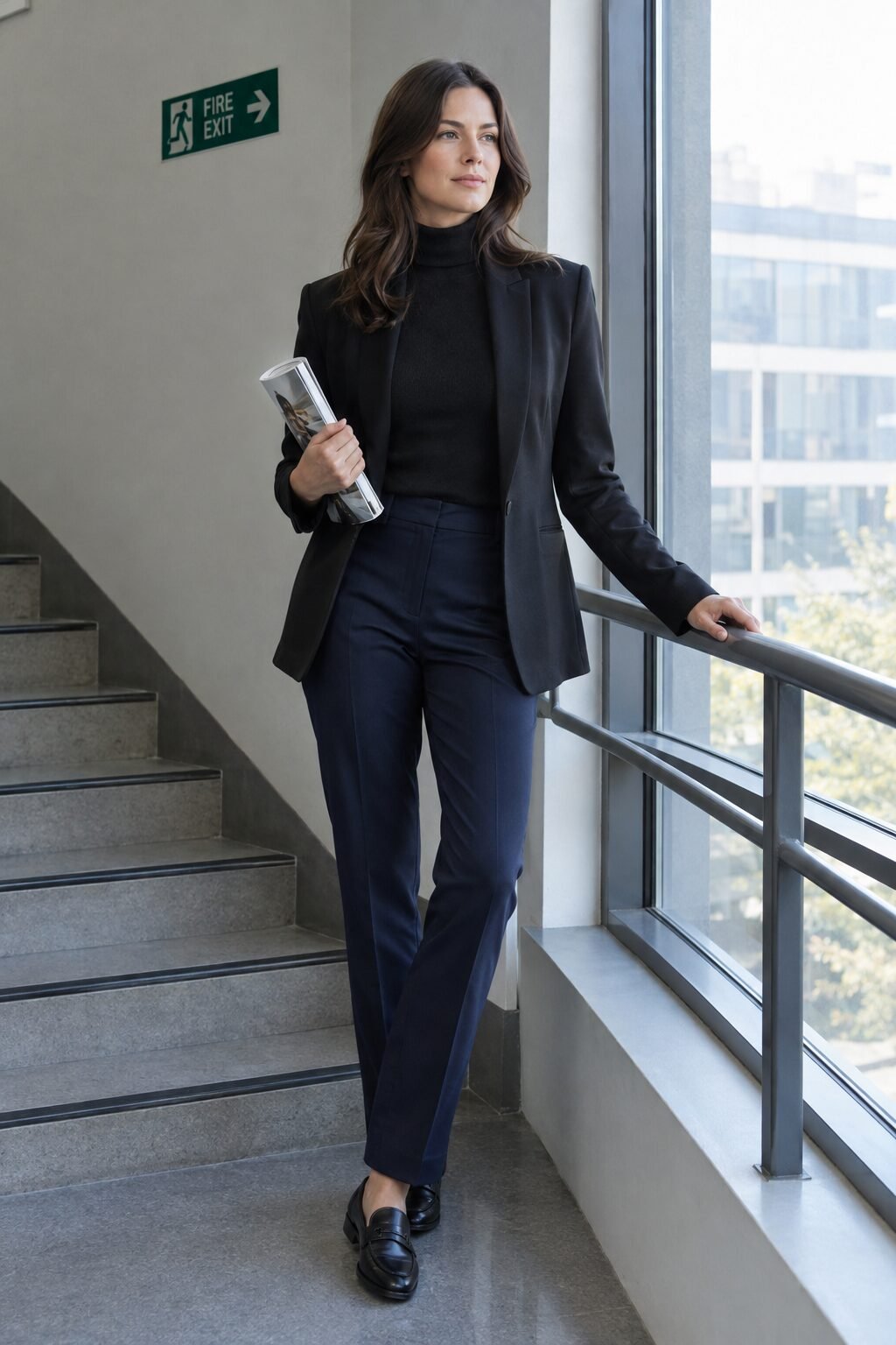 black turtleneck, navy trousers, and black blazer, an affordable office halloween outfit under $150
