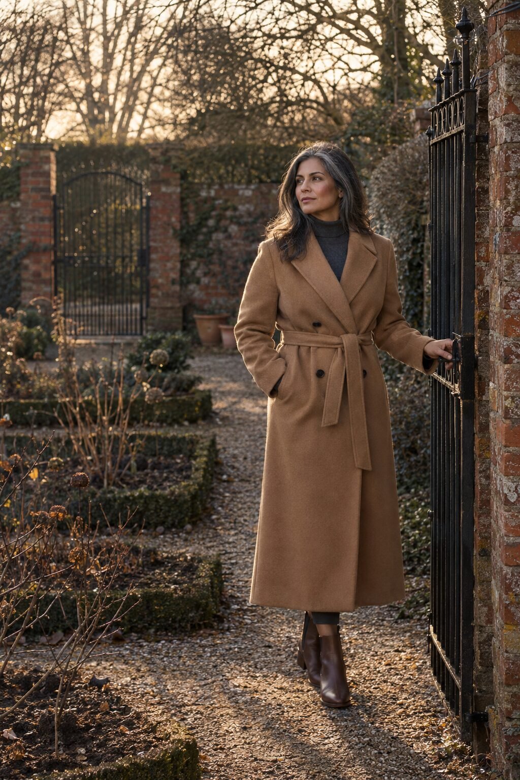 old money countryside fall outfit: camel wrap coat over a charcoal cashmere turtleneck for a walled garden stroll