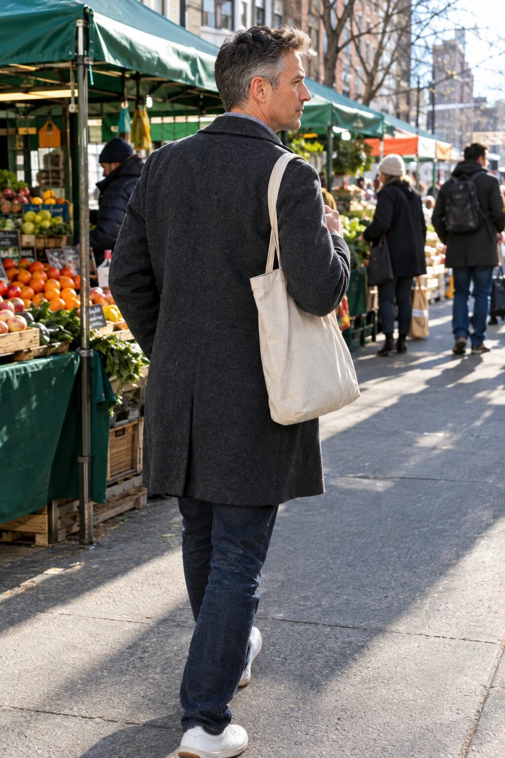 short gentleman haircut with clean tapered sides and slightly longer top on a man in a wool coat