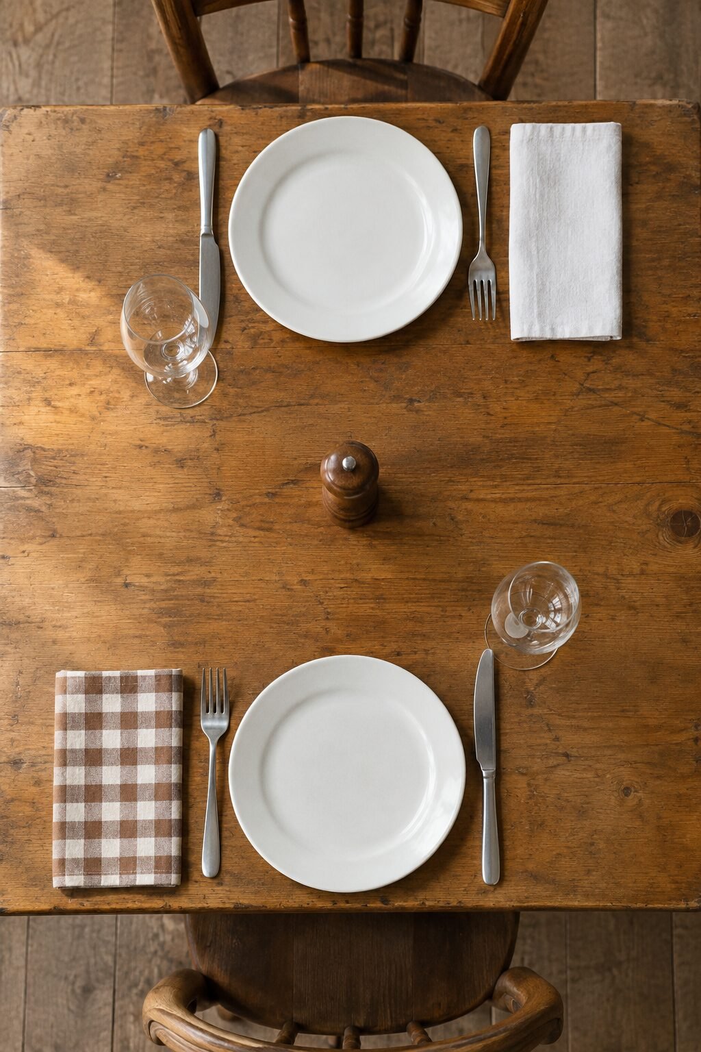 table setting for two with washed brown gingham linen napkins folded loosely under the forks