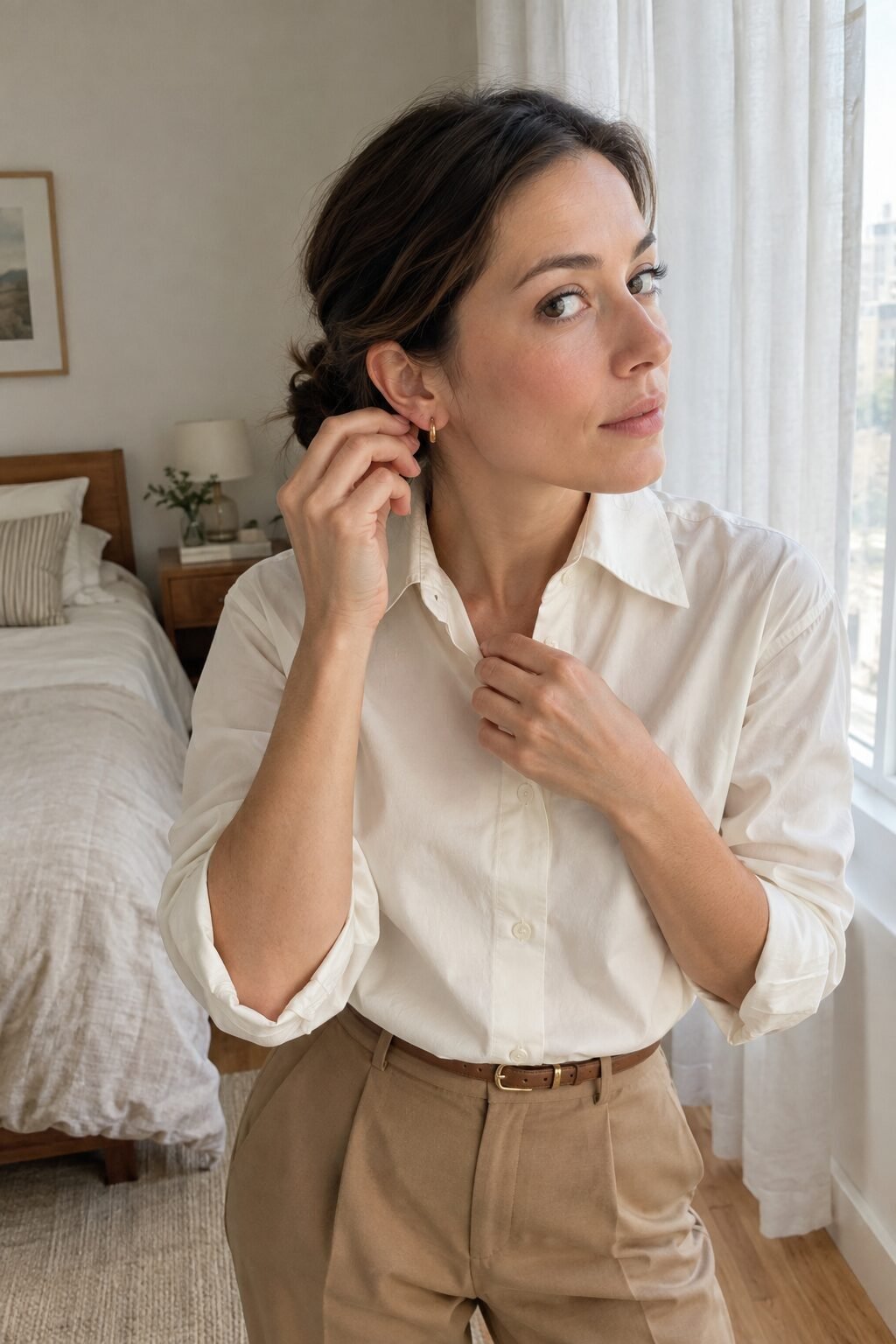 close detail of small gold hoop earrings with a simple neutral outfit