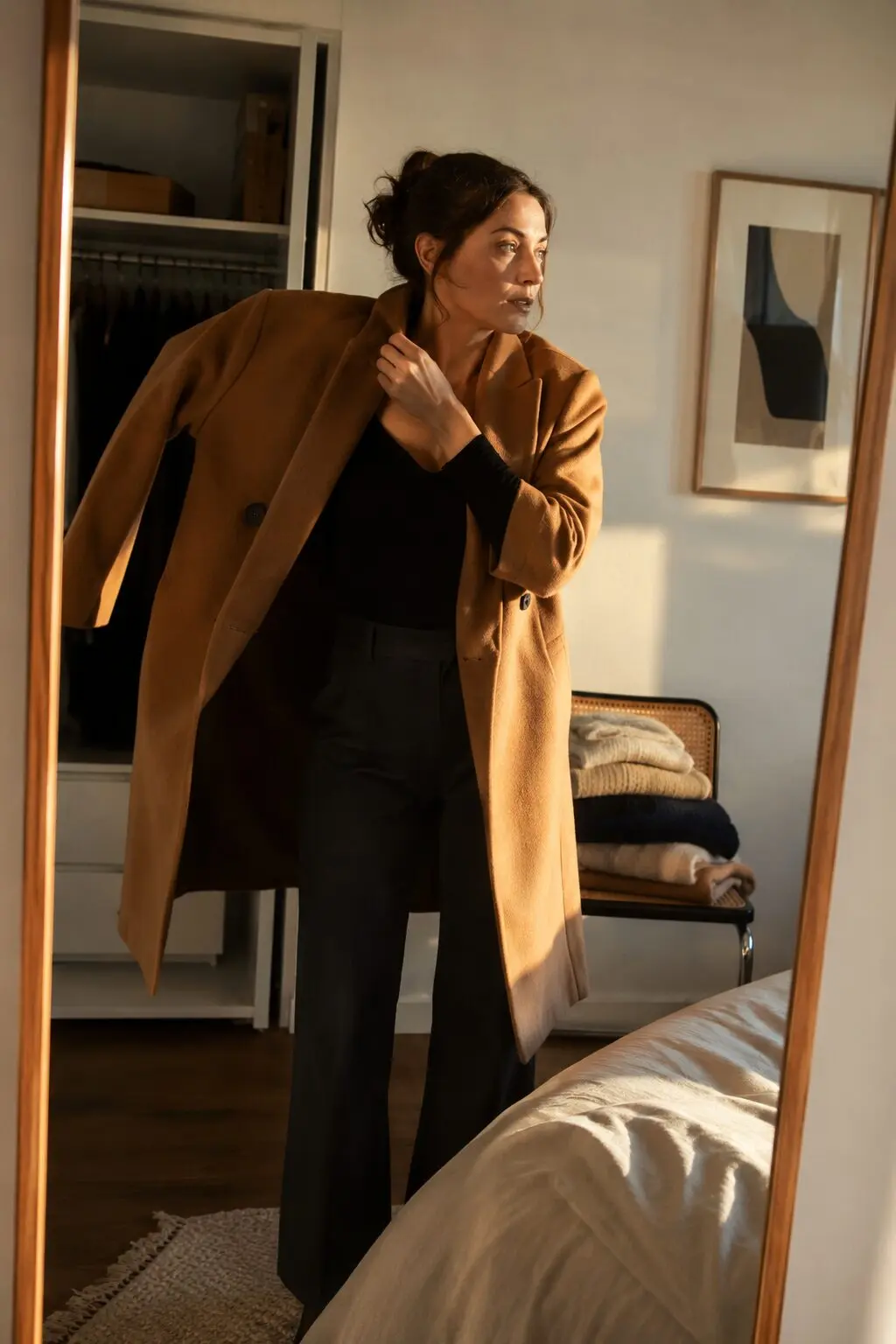putting on a camel wool coat in front of a bedroom mirror