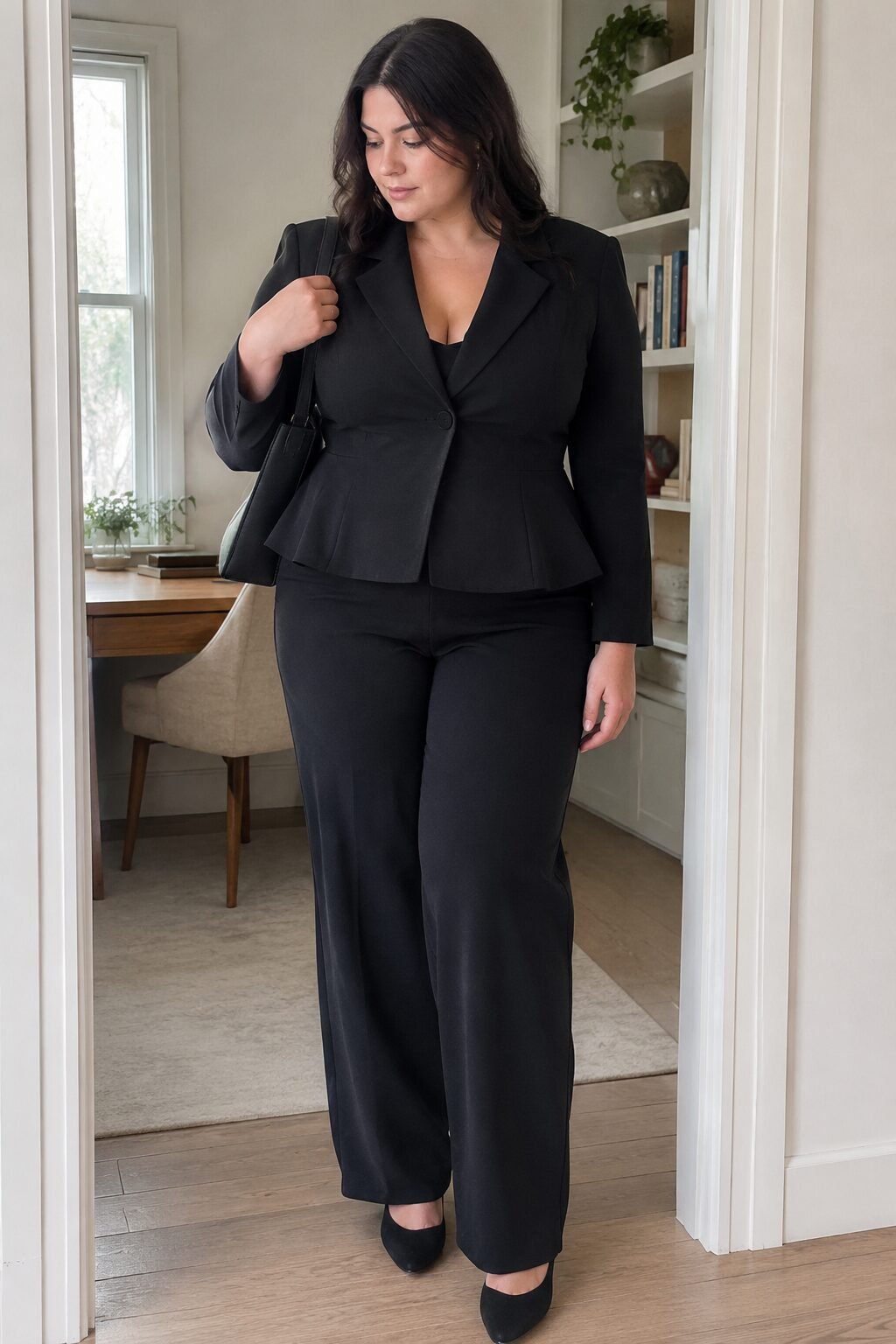 plus size halloween office outfit: black peplum blazer with black wide-leg trousers