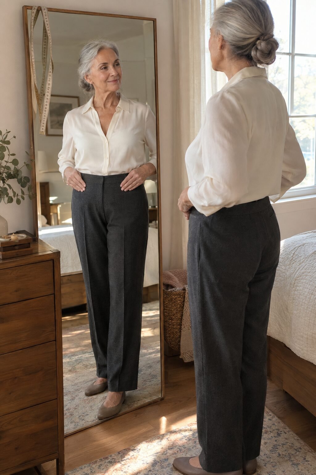 properly tailored trousers with a clean fit at the waist, elegant style over 70