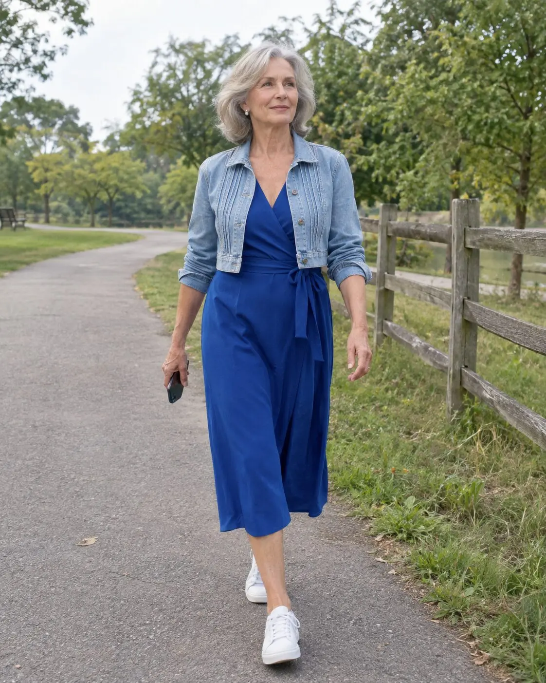 how to style a wrap dress for women in their 70s: navy wrap dress under a cropped light-wash denim jacket