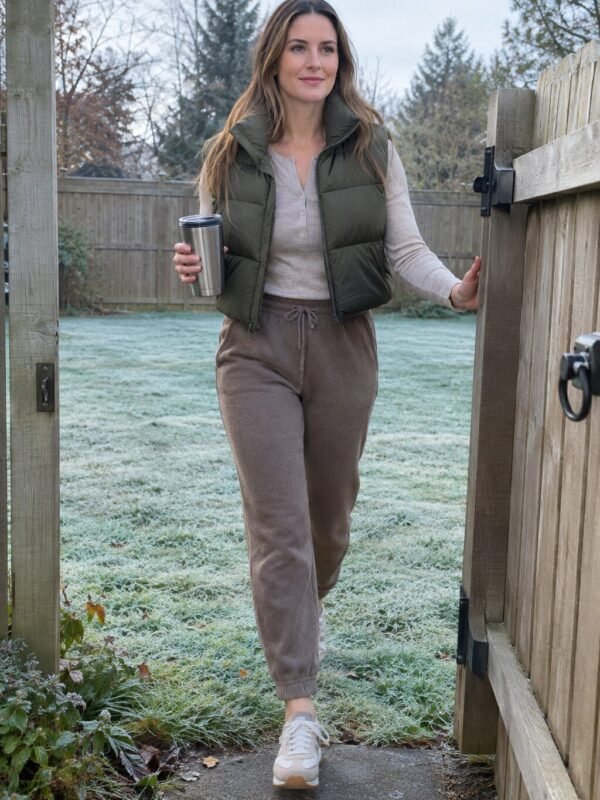 Old money outfit: quilted vest + henley + fleece joggers