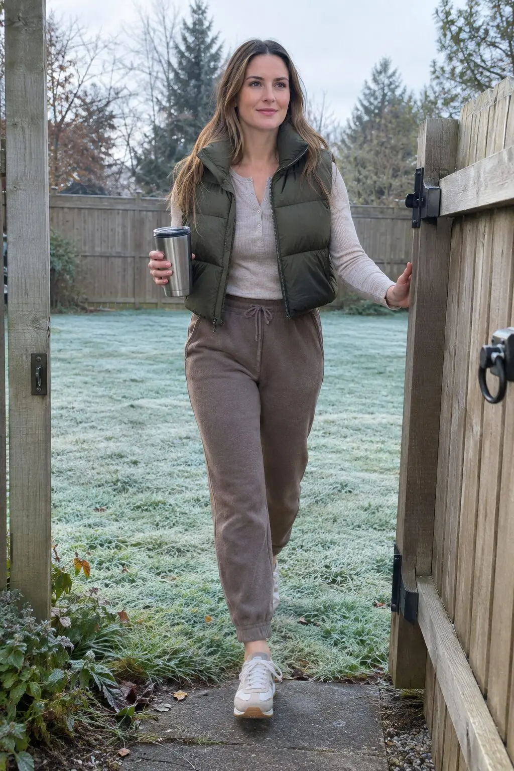 elegant loungewear outfit: olive quilted puffer vest over an oatmeal henley with taupe brown fleece joggers