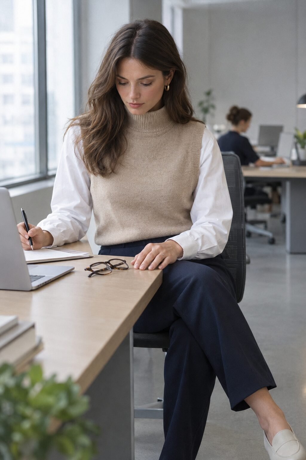 classy fall office outfit: beige mock-neck sweater vest over a white poplin shirt with navy straight-leg trousers