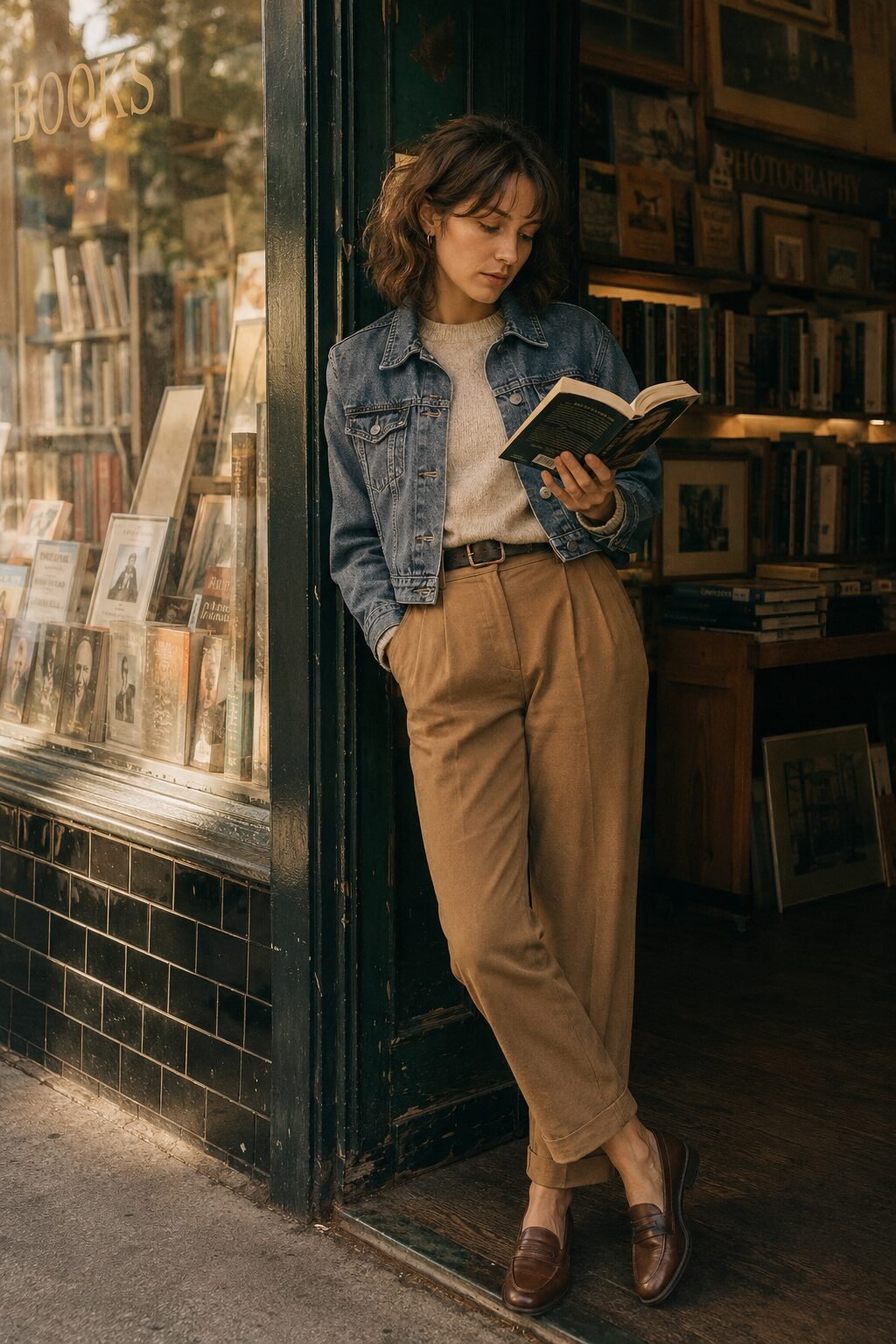 woman wearing a cropped denim jacket over an oatmeal fine-knit sweater tucked into straight-leg trousers for a cool-weather weekend outfit