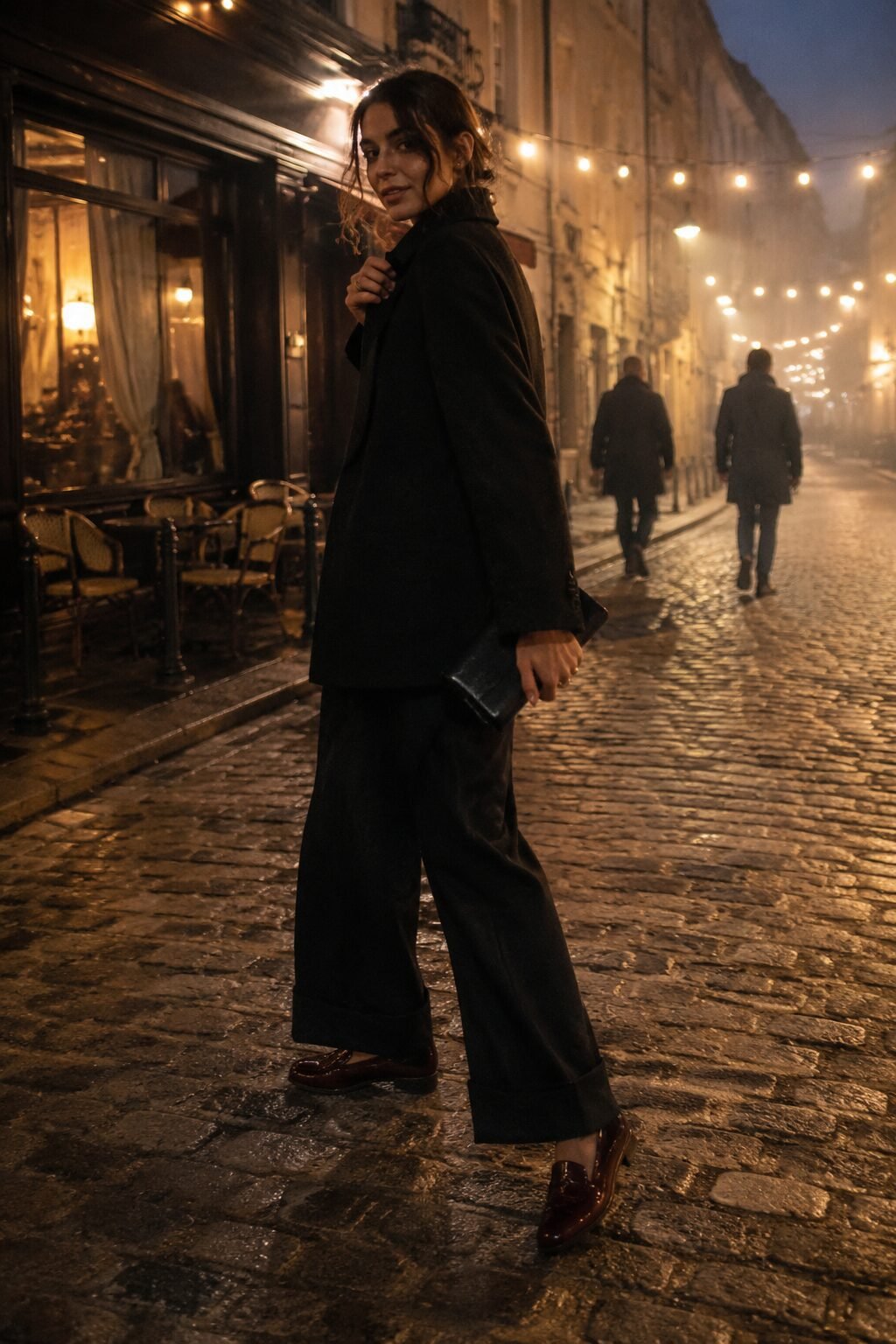 elegant Halloween outfit: black wide-leg trousers with burgundy patent leather loafers
