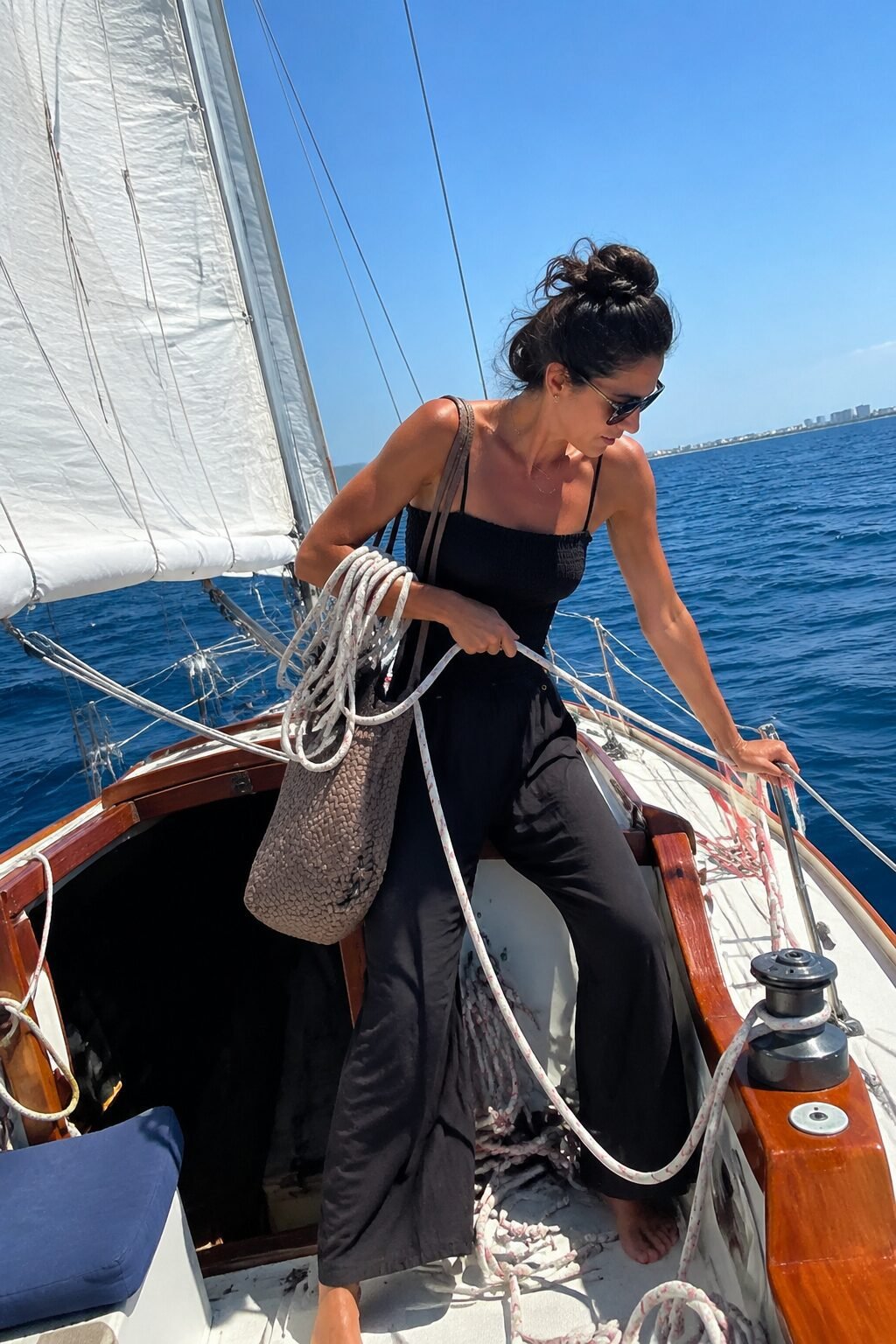 boat outfit for women wearing a black smocked wide-leg jumpsuit with a taupe handwoven shoulder bag