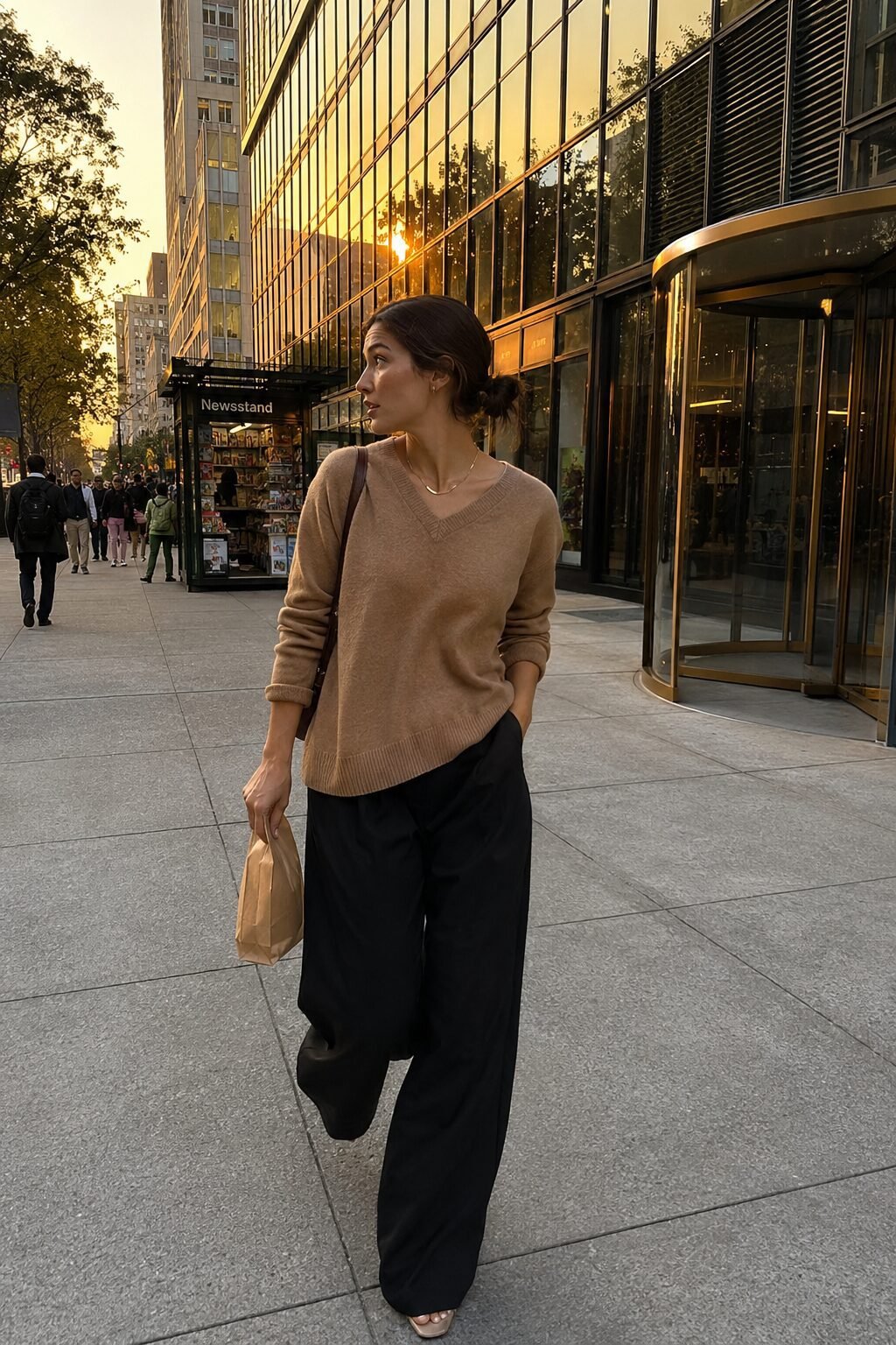camel oversized cashmere sweater and black wide-leg trousers styled as a fall office halloween outfit