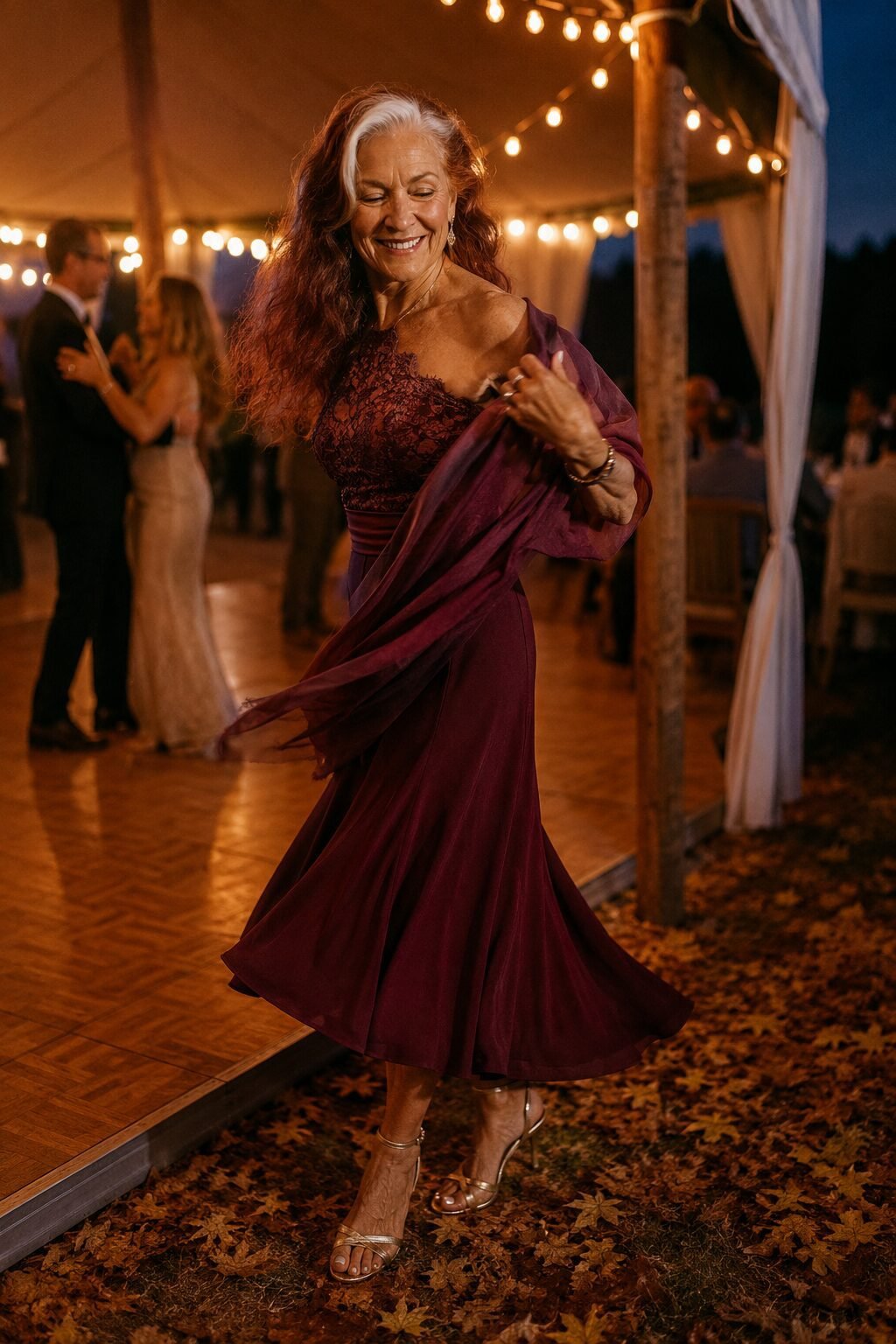 berry lace top with flared wine midi skirt and chiffon wrap, elegant grandmother of the bride outfit for a fall evening reception