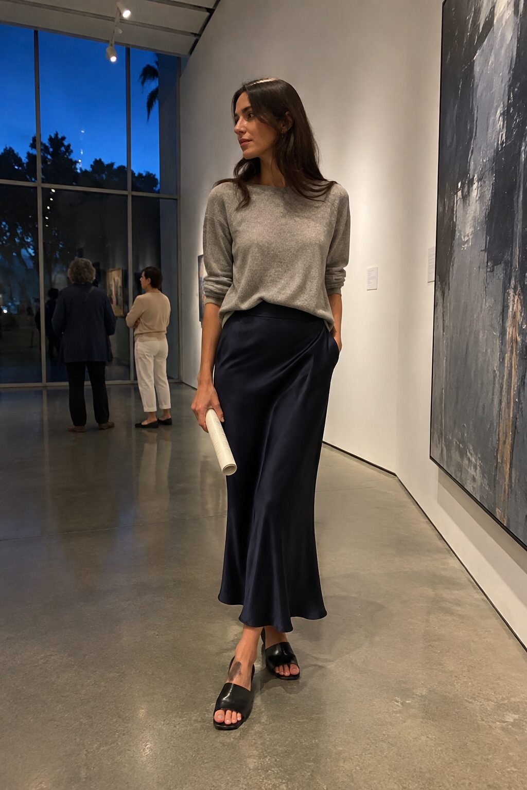 elegant date night outfit: navy satin midi skirt with a light heather grey cashmere tee