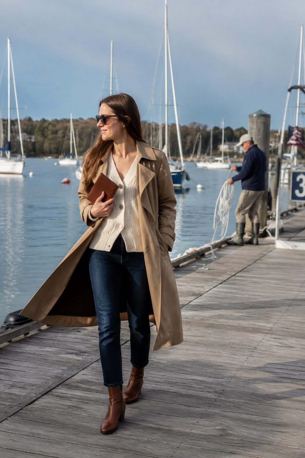 how to style a cardigan with a trench coat: cream cardigan layered under a camel trench coat for travel days