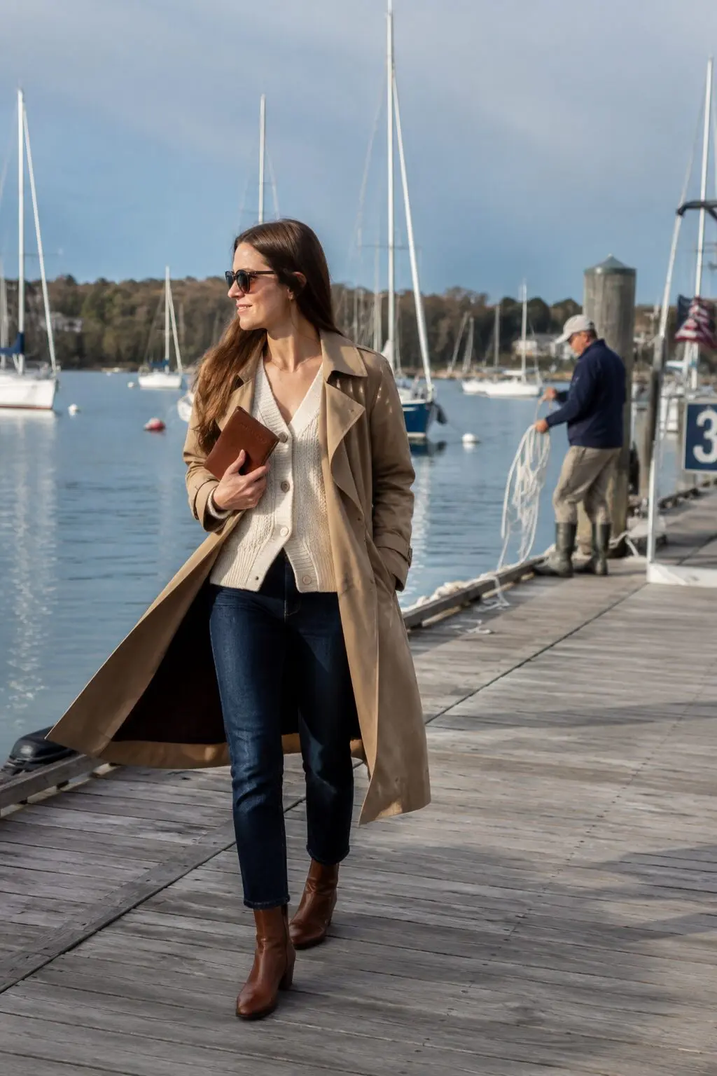 how to style a cardigan with a trench coat: cream cardigan layered under a camel trench coat for travel days