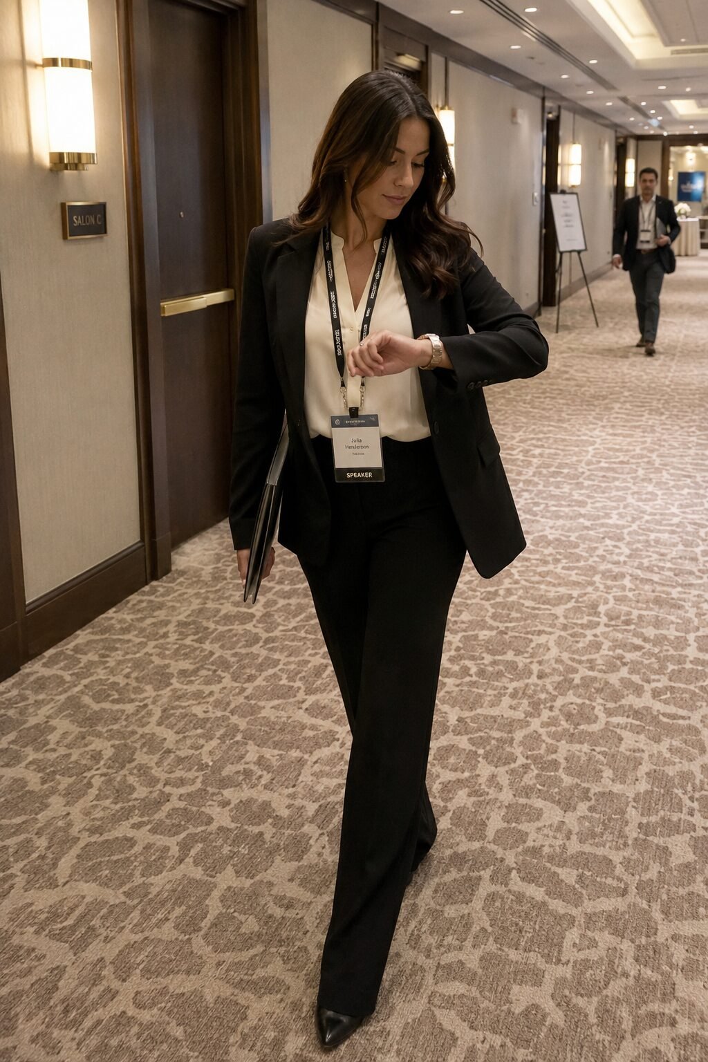 all-day conference outfit that resists wrinkles: black ponte trousers, ivory charmeuse blouse, black unstructured blazer