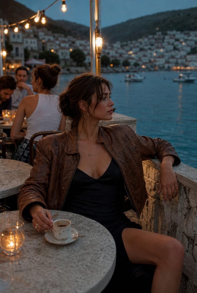 casual halloween party outfit: satin slip dress under a cropped leather jacket
