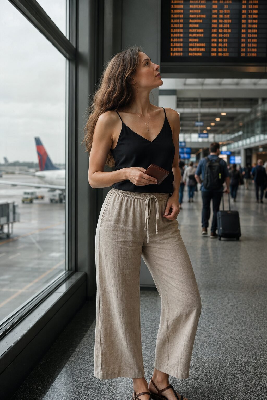 travel day linen pants outfit: flax drawstring linen trousers and black silk camisole