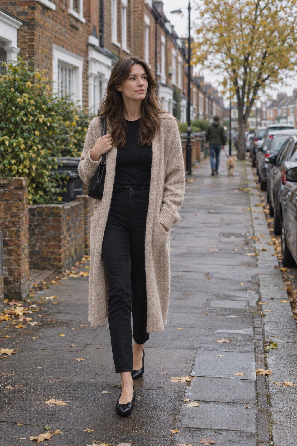 fall layering outfit: oatmeal cashmere duster cardigan with black slim ankle pants