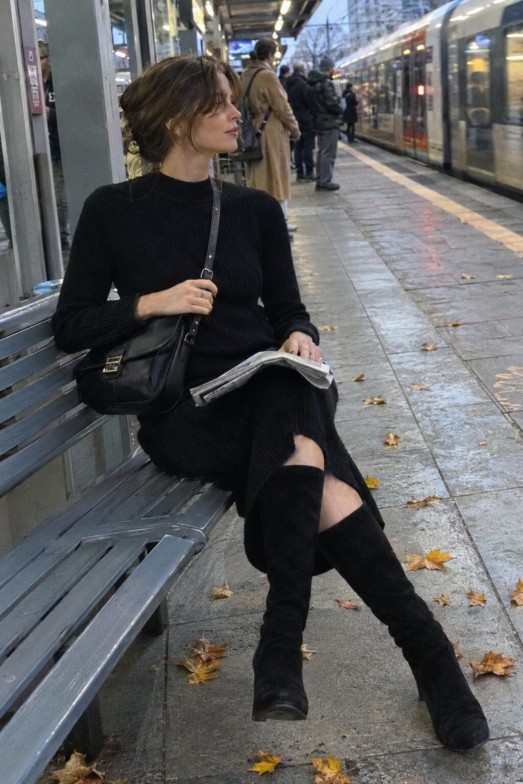 black midi dress with black knee-high boots and a structured leather bag