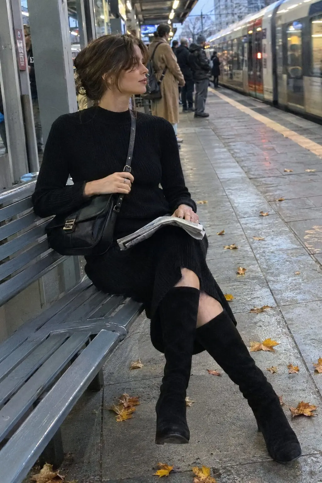 black midi dress with black knee-high boots and a structured leather bag