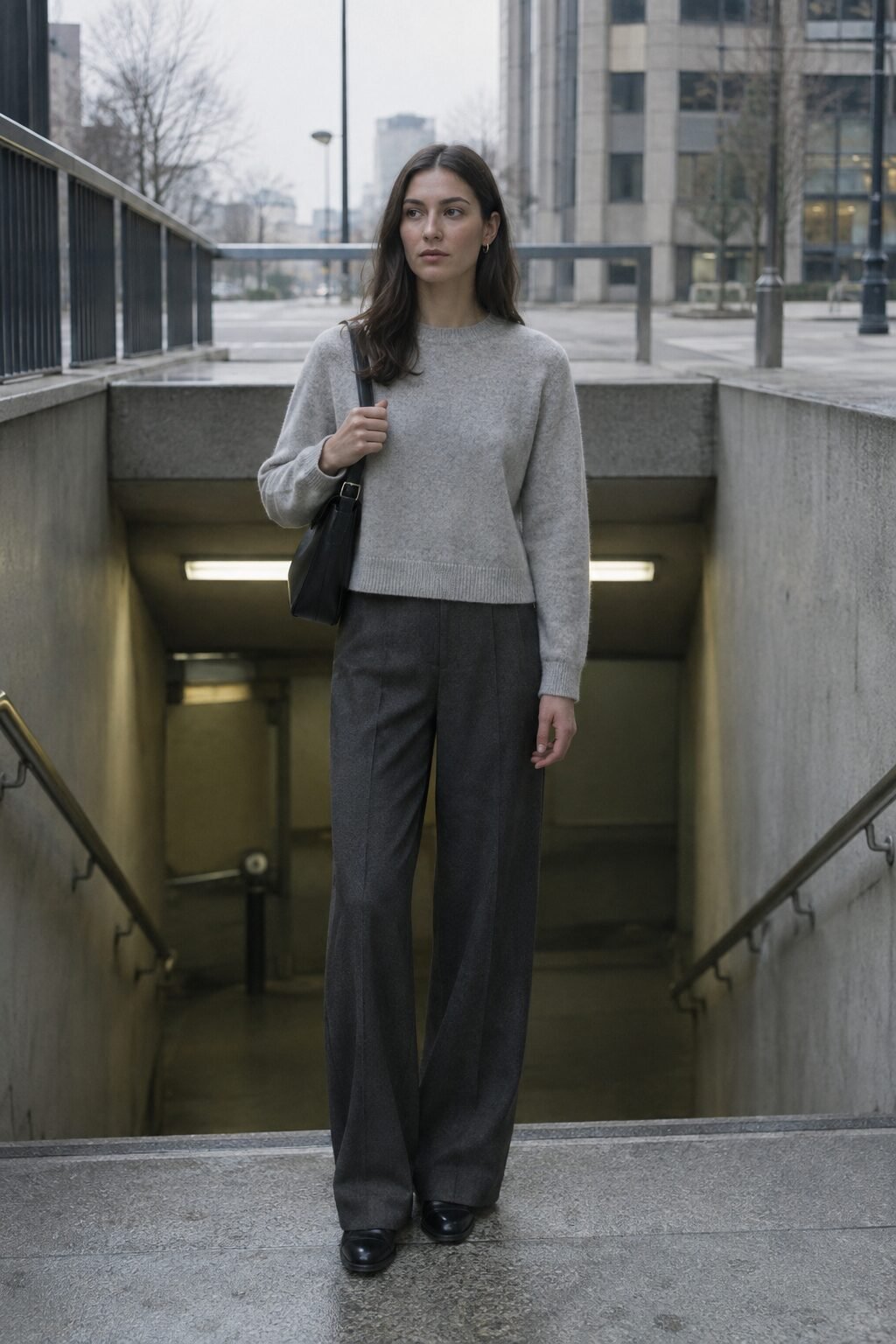 cashmere outfit for winter: light heather grey cropped boxy cashmere crewneck with charcoal wide-leg wool trousers