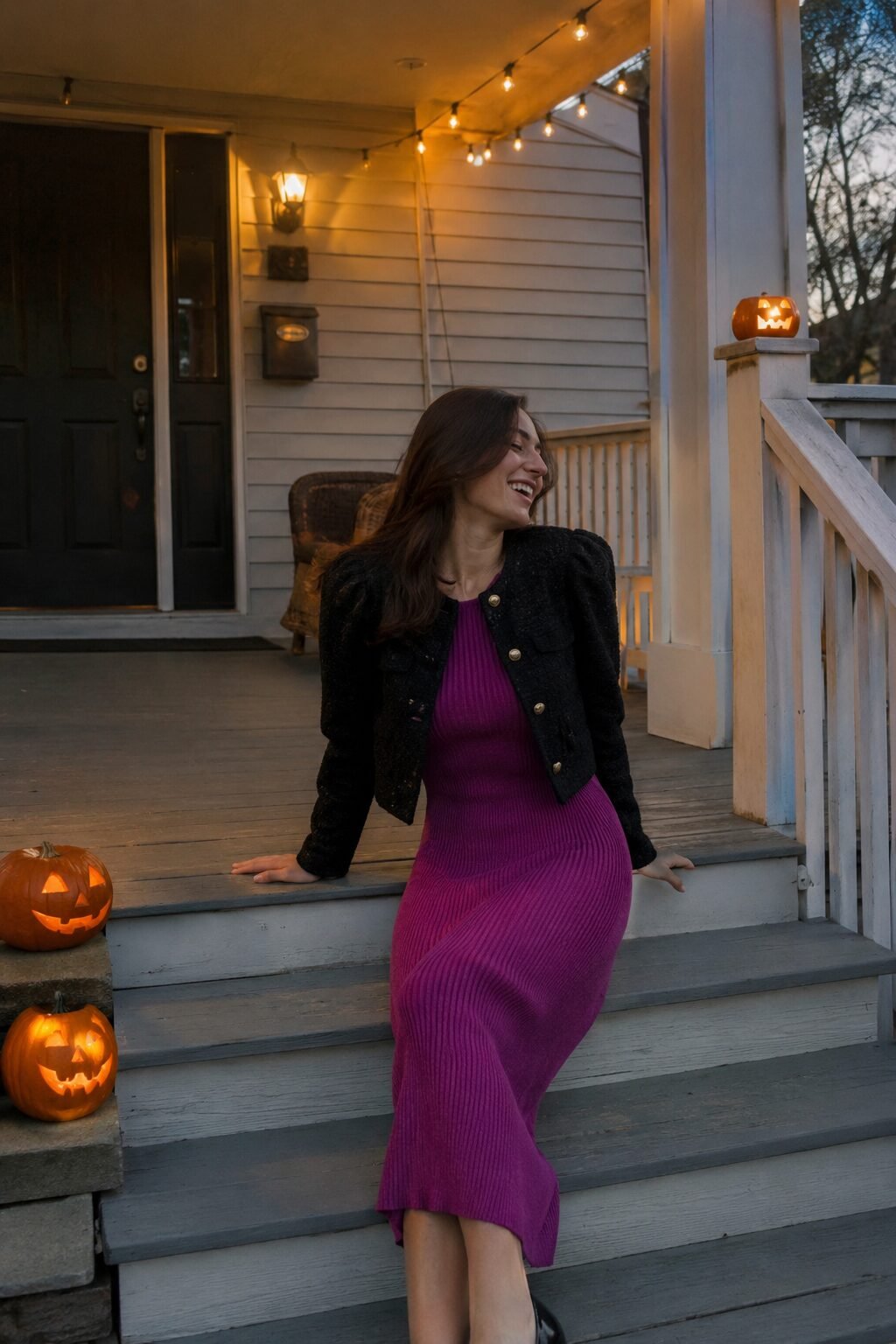 berry knit dress with a black cropped tweed jacket, an affordable halloween outfit that looks expensive for a family gathering