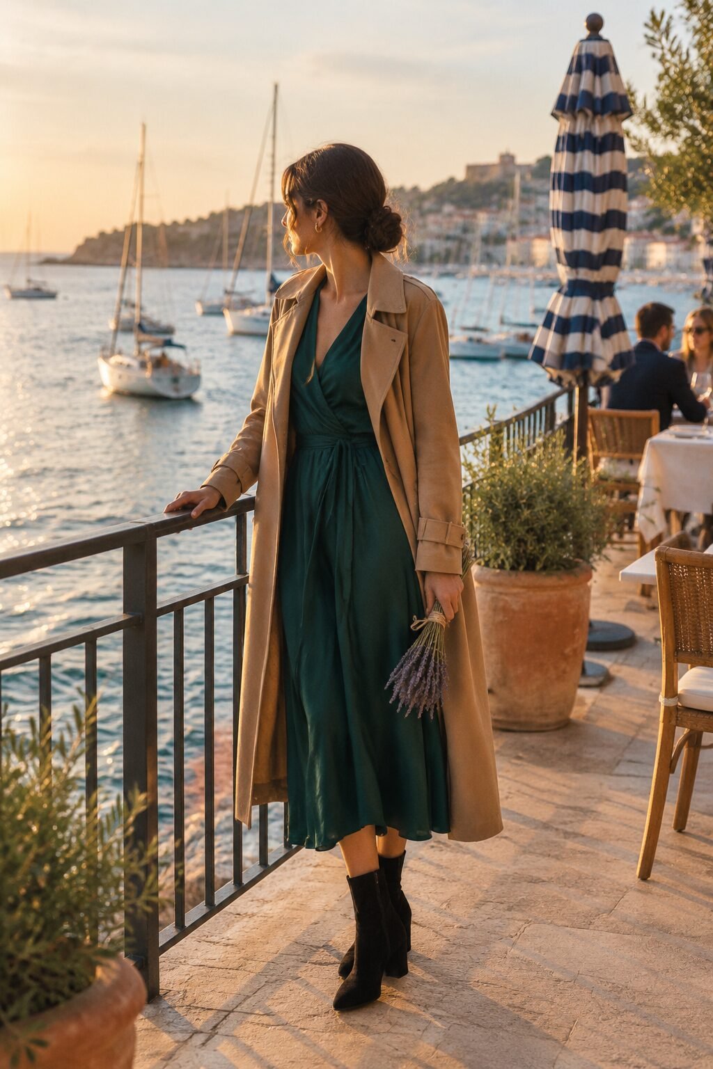 fall brunch outfit: emerald silk wrap dress under an open camel trench with black suede ankle boots