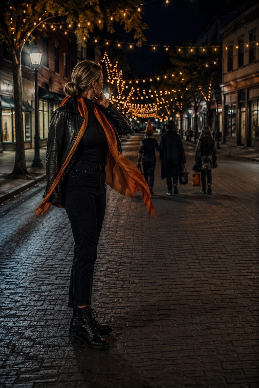 black faux-leather moto jacket over a turtleneck bodysuit and straight denim with a deep-orange scarf, halloween outfit for moms trick-or-treating with older kids