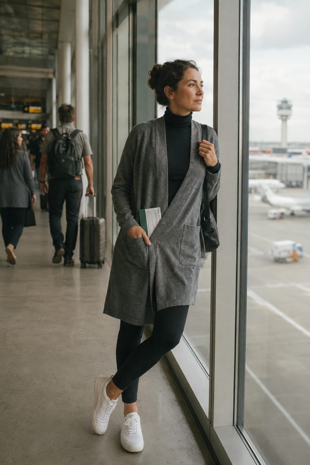 how to style a cardigan with leggings: longline grey marl cardigan over black leggings for travel days