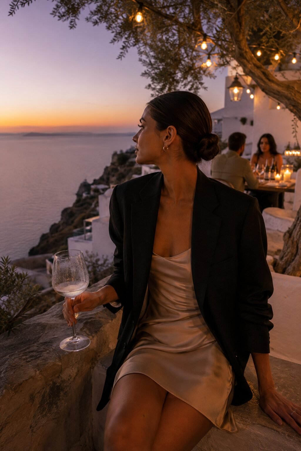 classy fall outfit: black oversized blazer over ivory silk slip dress