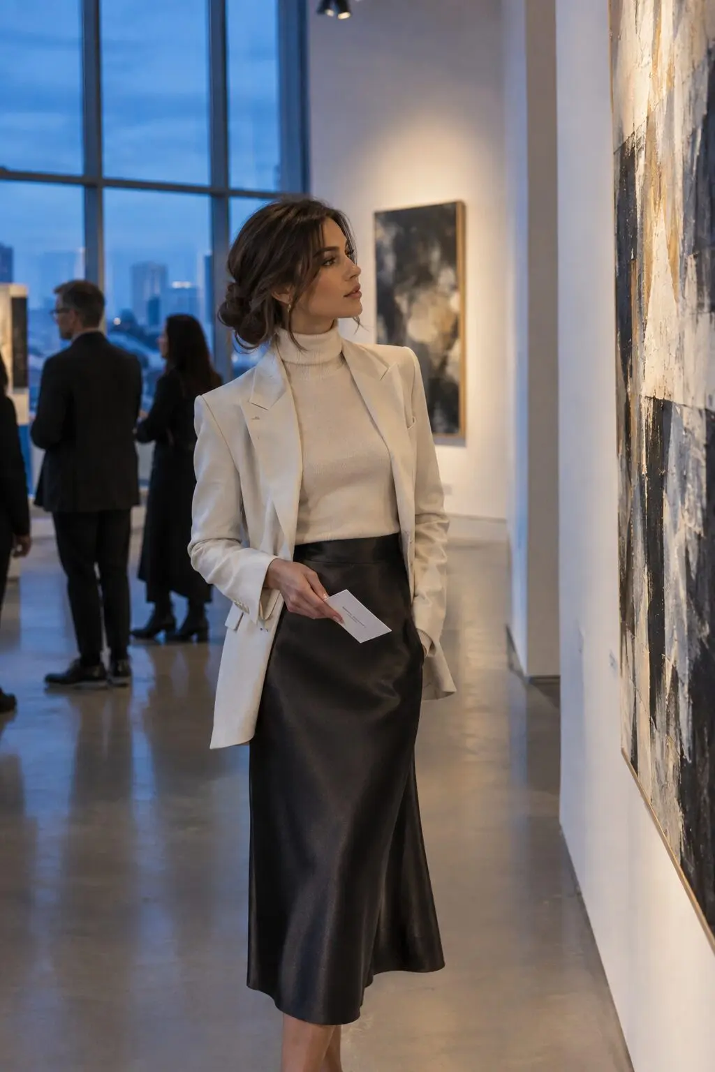 gallery opening date night outfit: charcoal satin slip skirt, cream cashmere turtleneck, and a draped blazer